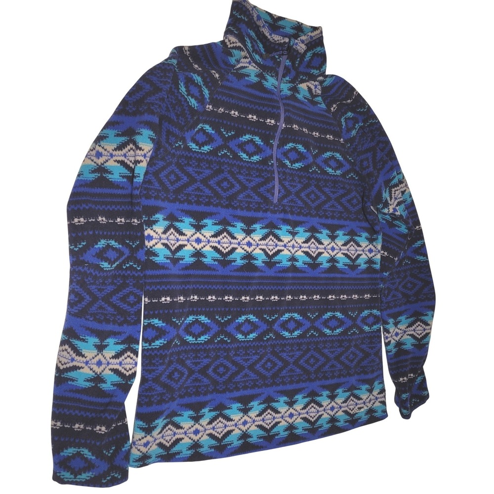 Eddie Bauer Fleece Pullover Women L Blue Aztec Geometric 1/4 Zip Fair Isle